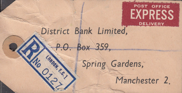 102554 - 1949 BANKER'S PARCEL TAG/KGVI 2/6 YELLOW-GREEN (SG476b).