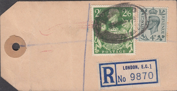 102561 - 1949 BANKER'S PARCEL TAG/KGVI 2/6 YELLOW-GREEN (SG476b).