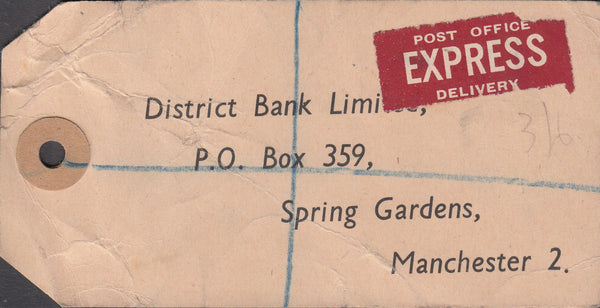 102563 - 1949? BANKER'S PARCEL TAG/KGVI 2/6 YELLOW-GREEN (SG476b).