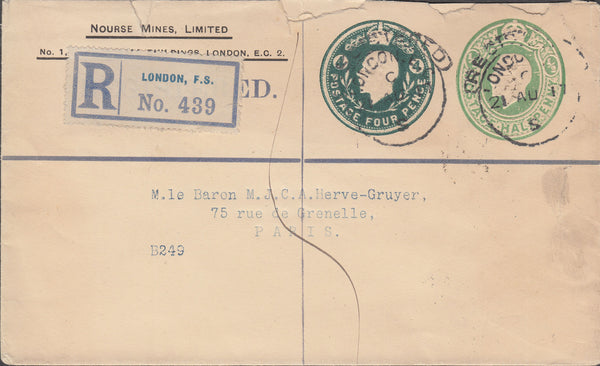 102586 - 1917 "NOURSE MINES" ENVELOPE LONDON TO PARIS.