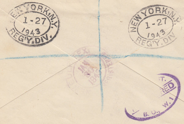 102605 - 1943 REGISTERED MAIL LONDON TO USA.