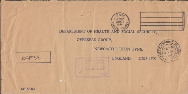 102717 - 1974 UNPAID MAIL JERSEY TO NEWCASTLE UPON TYNE.