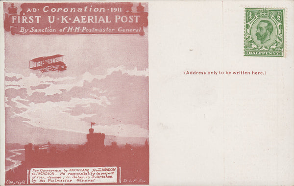 102752 - 1911 FIRST OFFICIAL U.K. AERIAL POST/UNUSED LONDON POST CARD IN RED-BROWN.
