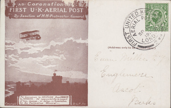 102792 - 1911 FIRST OFFICIAL U.K. AERIAL POST/USED LONDON POST CARD IN BROWN WITH BLANK REVERSE AS PRODUCED FOR PRIVATE ADVERTISERS.
