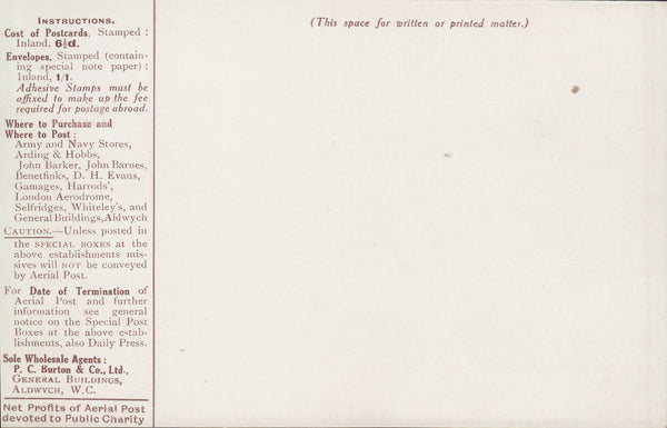 102799 - 1911 FIRST OFFICIAL U.K. AERIAL POST/UNUSED LONDON POST CARD IN BROWN.