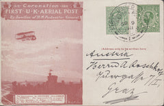 102811 - 1911 FIRST OFFICIAL U.K. AERIAL POST/LONDON RED-BROWN POST CARD ADDRESSED TO AUSTRIA.
