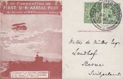 102812 - 1911 FIRST OFFICIAL U.K. AERIAL POST/POST CARD TO SWITZERLAND.