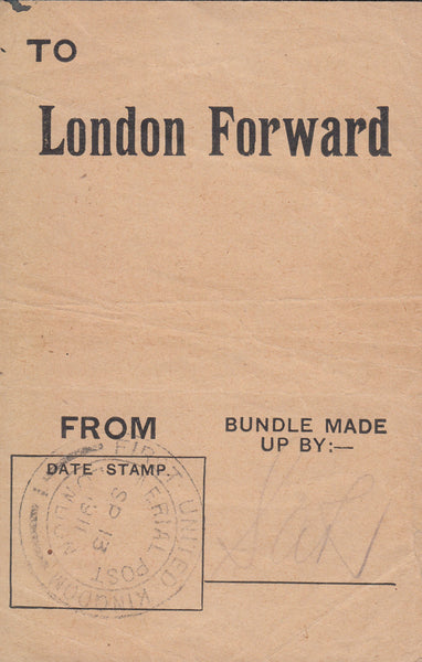 102851 - 1911 FIRST OFFICIAL U.K. AERIAL POST/"LONDON FORWARD" PRINTED BUNDLE LABEL.