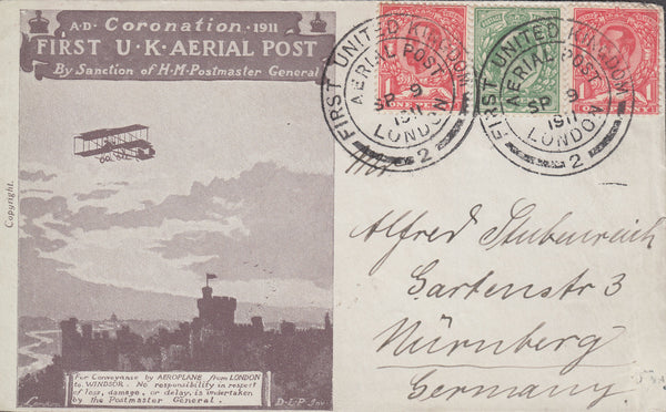 102865 - 1911 FIRST OFFICIAL U.K. AERIAL POST/LONDON PURPLE-BROWN ENVELOPE LONDON TO GERMANY.