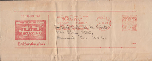 102912 - 1940 "THE PHILATELIC MAGAZINE" NEWSPAPER WRAPPER TO USA.