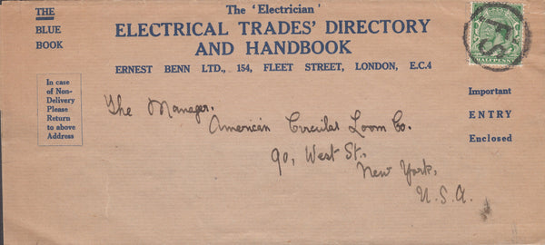 102914 - CIRCA 1920 "THE ELECTRICIAN" NEWSPAPER WRAPPER LONDON TO USA.