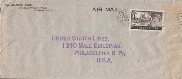 102923 1959 AIR MAIL LONDON TO USA WITH 2/6 CASTLE.