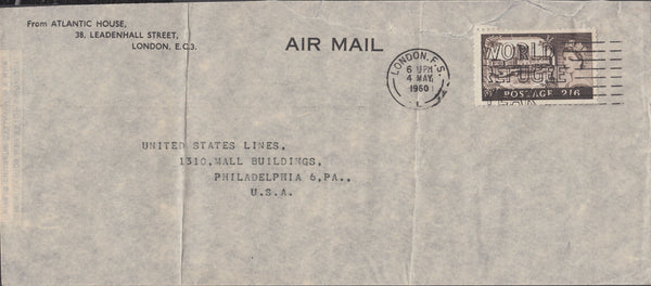 102926 1960 AIR MAIL LONDON TO PHILADELPHIA USA WITH 2/6 CASTLE.