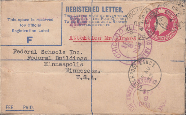 102929 - 1933 REGISTERED MAIL BLACKPOOL TO USA.