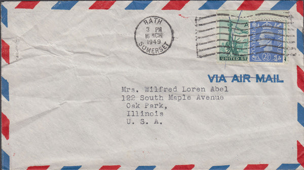 102933 - 1949 ENVELOPE WITH USA AND GB STAMPS BATH TO USA.