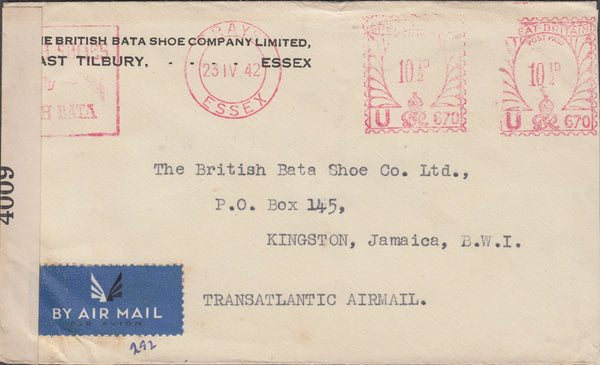 102945 - 1942 MAIL ESSEX TO JAMAICA/METER MARKS.