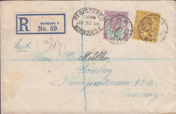 103111 - 1908 REGISTERED MAIL NORWOOD TO GERMANY.