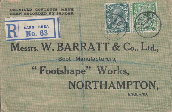 103119 - 1925 REGISTERED MAIL CARN BREA (CORNWALL) TO NORTHAMPTON.