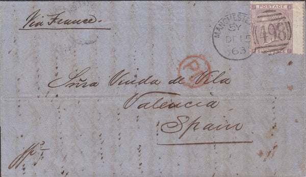 103123 - MANCHESTER SPOON TYPE D5a FIRST RE-CUT (RA92) ON COVER TO SPAIN.