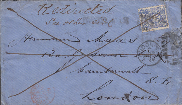 103173 - 1879 MAIL FRANKFURT TO LONDON RE-DIRECTED WITH 1D (SG43) ON REVERSE.