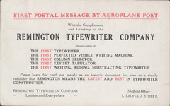 103290 - 1911 FIRST OFFICIAL U.K. AERIAL POST/"REMINGTON" ADVERTISEMENT - SHEFFIELD OFFICE.