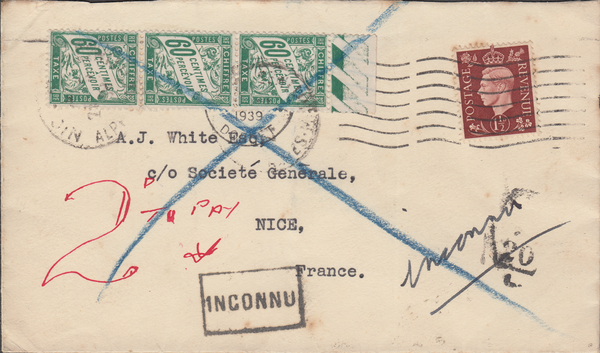 103371 - 1939 UNDELIVERED MAIL DORSET TO FRANCE.