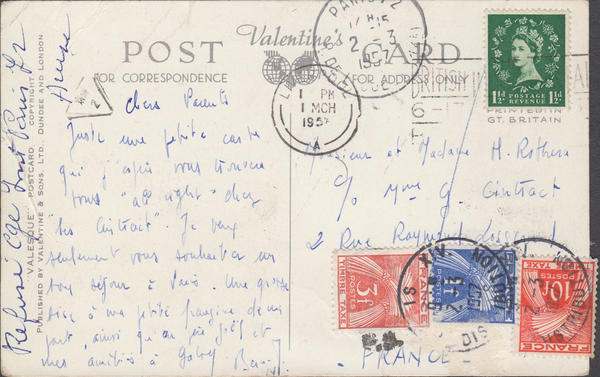 103423 - 1957 UNDERPAID MAIL LIVERPOOL TO FRANCE.