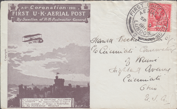 103440 - 1911 FIRST OFFICIAL U.K. AERIAL POST/1D ENVELOPE TO U.S.A.