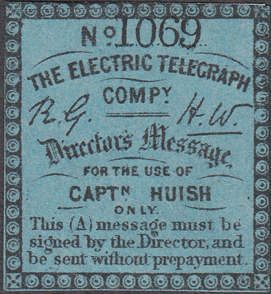 103442  1859 ELECTRIC TELEGRAPH COMPANY 'CAPTN. HUISH' STAMP.
