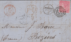103658 - 1859 MAIL JERSEY TO FRANCE/4D CARMINE (SG66)/SHORT STAMP.