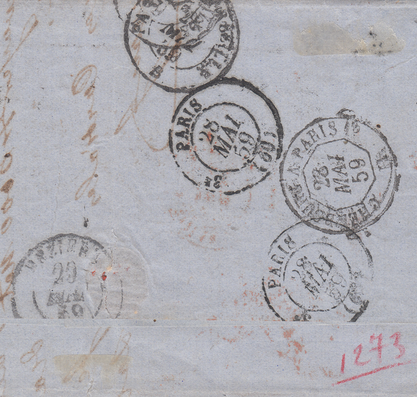 103658 - 1859 MAIL JERSEY TO FRANCE/4D CARMINE (SG66)/SHORT STAMP.