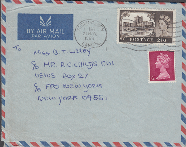 103682 - 1969 MAIL TODMORDEN TO NEW YORK/2/6 CASTLE.