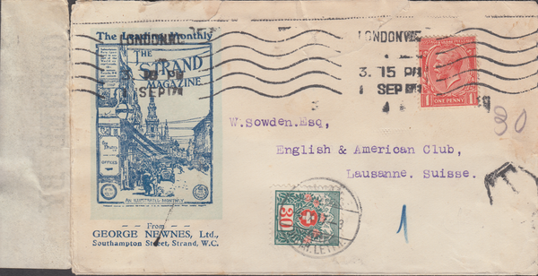 103720 - 1917 MAIL LONDON TO SWITZERLAND/ADVERTISING.