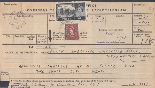103769 - 1964 TELEGRAM/£1 CASTLE.