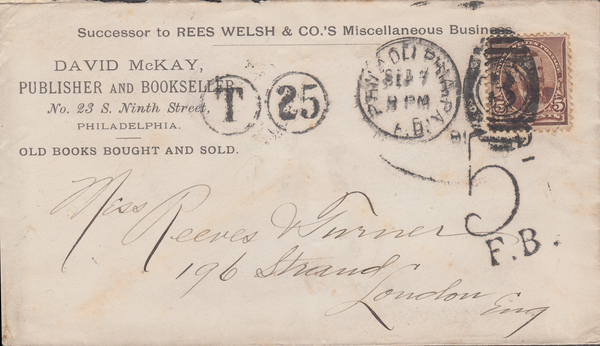 103776 - UK "5D" FOREIGN BRANCH CHARGE MARK ON 1891 UNDERPAID MAIL USA TO LONDON.