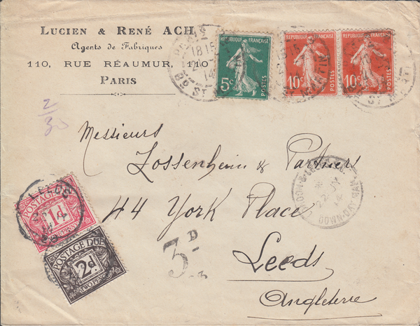 103920 - 1914 UNDERPAID MAIL PARIS TO LEEDS.