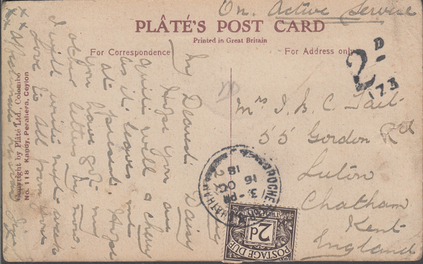 103926 - 1918 UNDERPAID MAIL CEYLON TO CHATHAM INCORRECTLY SENT FREE OF CHARGE.