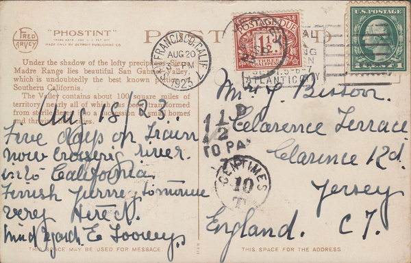 103944 - 1923 UNDERPAID MAIL US TO JERSEY/1½D POSTAGE DUE LABEL.