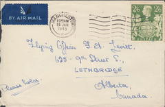103960 - 1945 MAIL MANCHESTER TO CANADA/2/6 YELLOW-GREEN (SG476b).