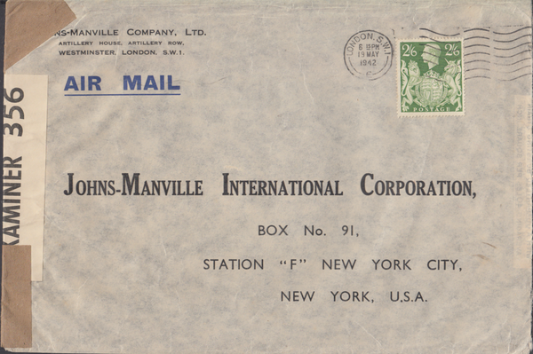 103963 - 1942 MAIL LONDON TO NEW YORK/2/6 YELLOW-GREEN (SG476b).