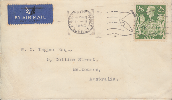 103966 - 1945 MAIL SURREY TO AUSTRALIA/2/6 YELLOW-GREEN (SG476b).