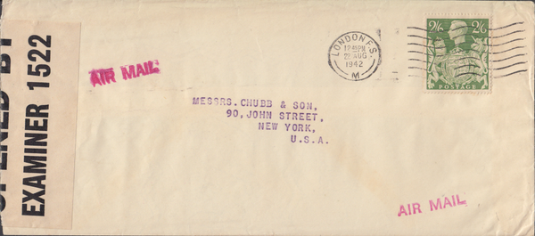 103972 - 1942 MAIL LONDON TO USA/2/6 YELLOW-GREEN (SG476b).