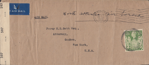103976 1943 AIR MAIL LONDON TO USA WITH 2/6 YELLOW-GREEN (SG476b).
