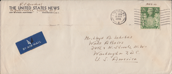 103977 1946 MAIL LONDON TO USA WITH 2/6 YELLOW-GREEN (SG476b).