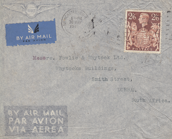 103995 - 1940 MAIL NEWCASTLE ON TYNE TO SOUTH AFRICA/2/6 BROWN (SG476).