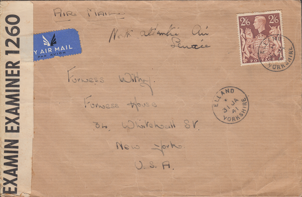 104011 - 1941 MAIL ELLAND/YORKSHIRE TO NEW YORK.