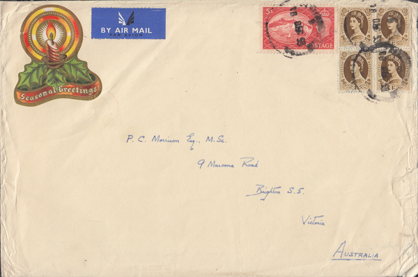 104016 1953 AIR MAIL UK TO AUSTRALIA WITH KGVI 5S RED (SG510)/QEII AND KGVI COMBINATION.