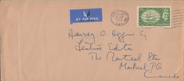 104019 1955 AIR MAIL EARL'S COURT, LONDON TO MONTREAL CANADA WITH KGVI 2/6 YELLOW-GREEN (SG509).