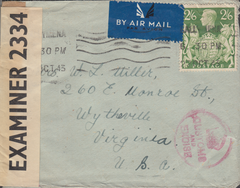 104024 - 1943 MAIL BALLYMENA TO THE USA/2/6 YELLOW-GREEN (SG476b).