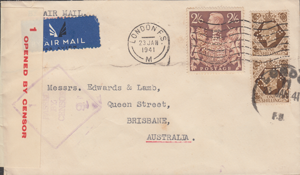 104030 - 1941 MAIL LONDON TO AUSTRALIA/2/6 BROWN (SG476)/PERFIN.